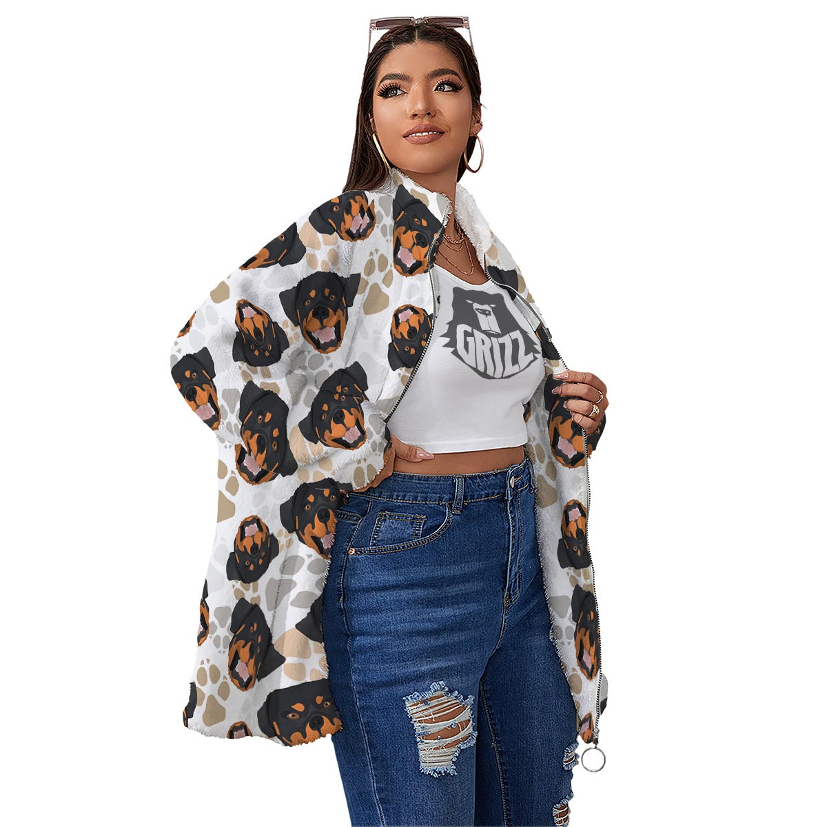 Face Rottweiler Print Pattern Women's Sherpa Jacket-grizzshop