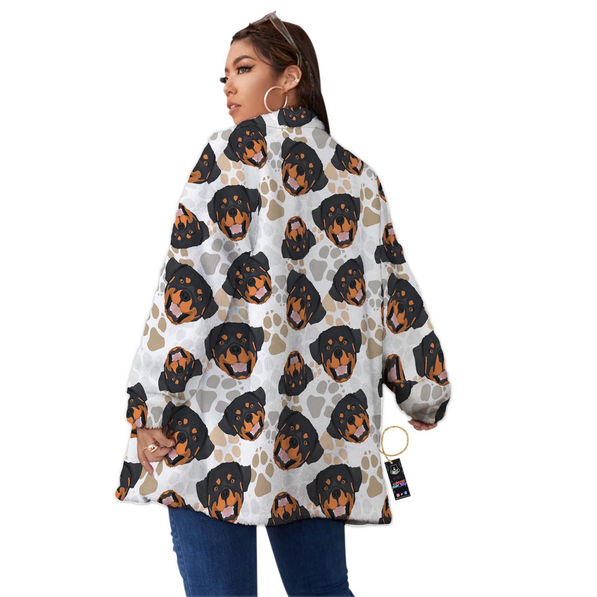 Face Rottweiler Print Pattern Women's Sherpa Jacket-grizzshop
