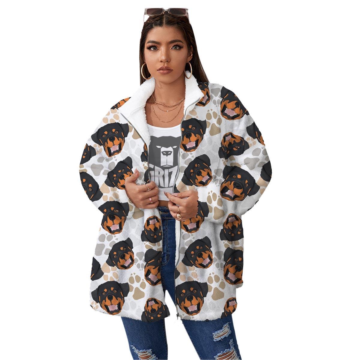 Face Rottweiler Print Pattern Women's Sherpa Jacket-grizzshop