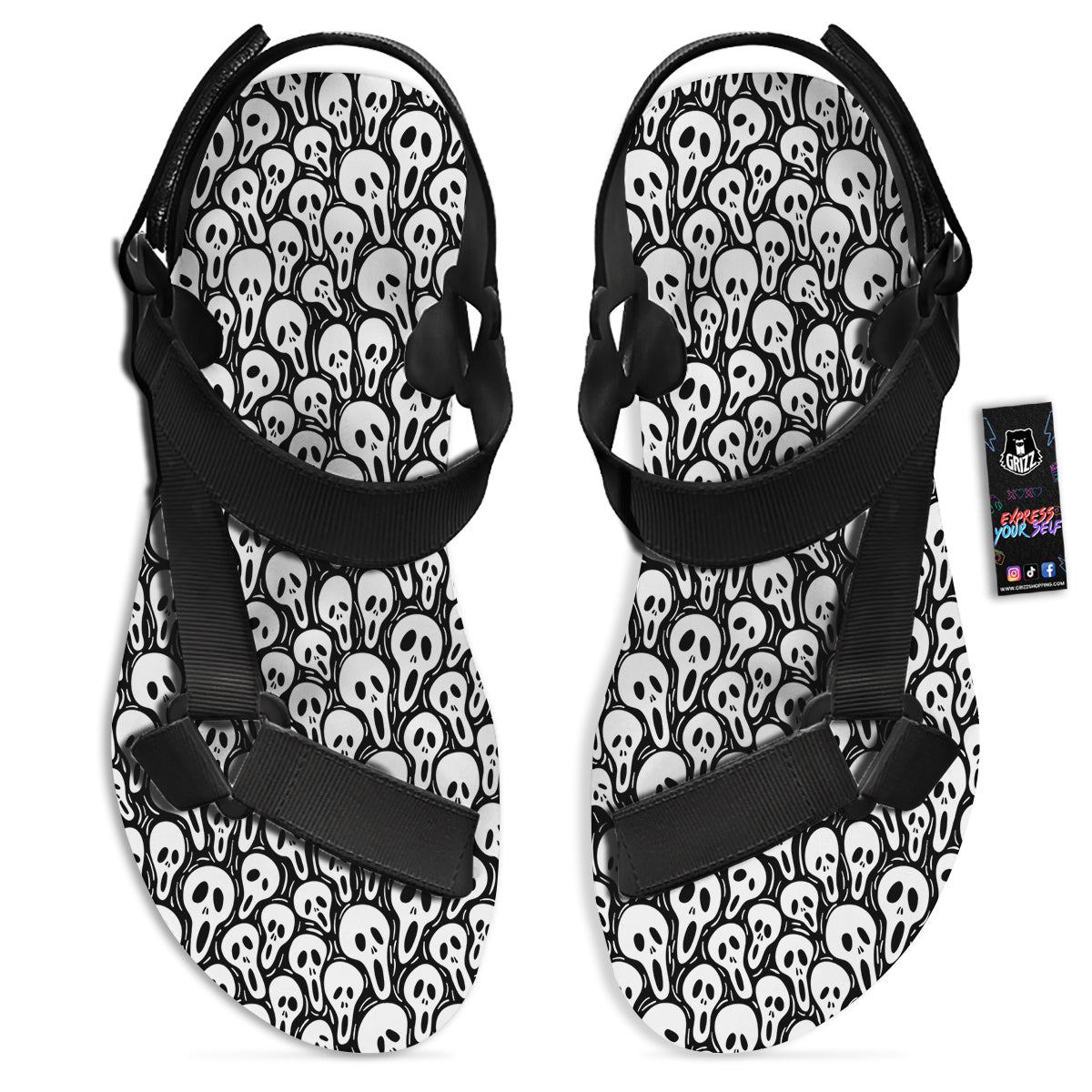 Face Scary Print Pattern Black Open Toe Sandals-grizzshop