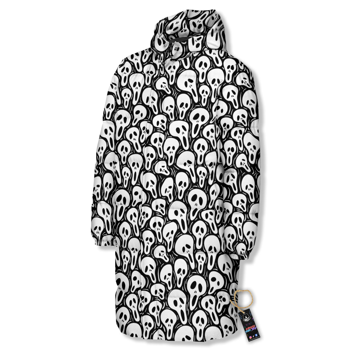 Face Scary Print Pattern Long Down Jacket-grizzshop