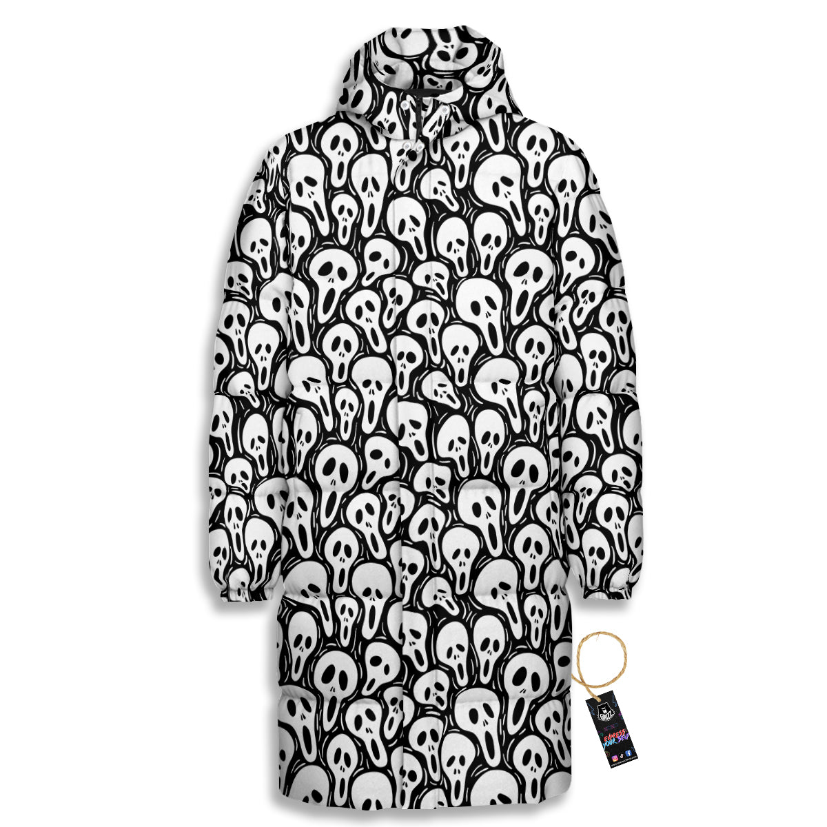 Face Scary Print Pattern Long Down Jacket-grizzshop