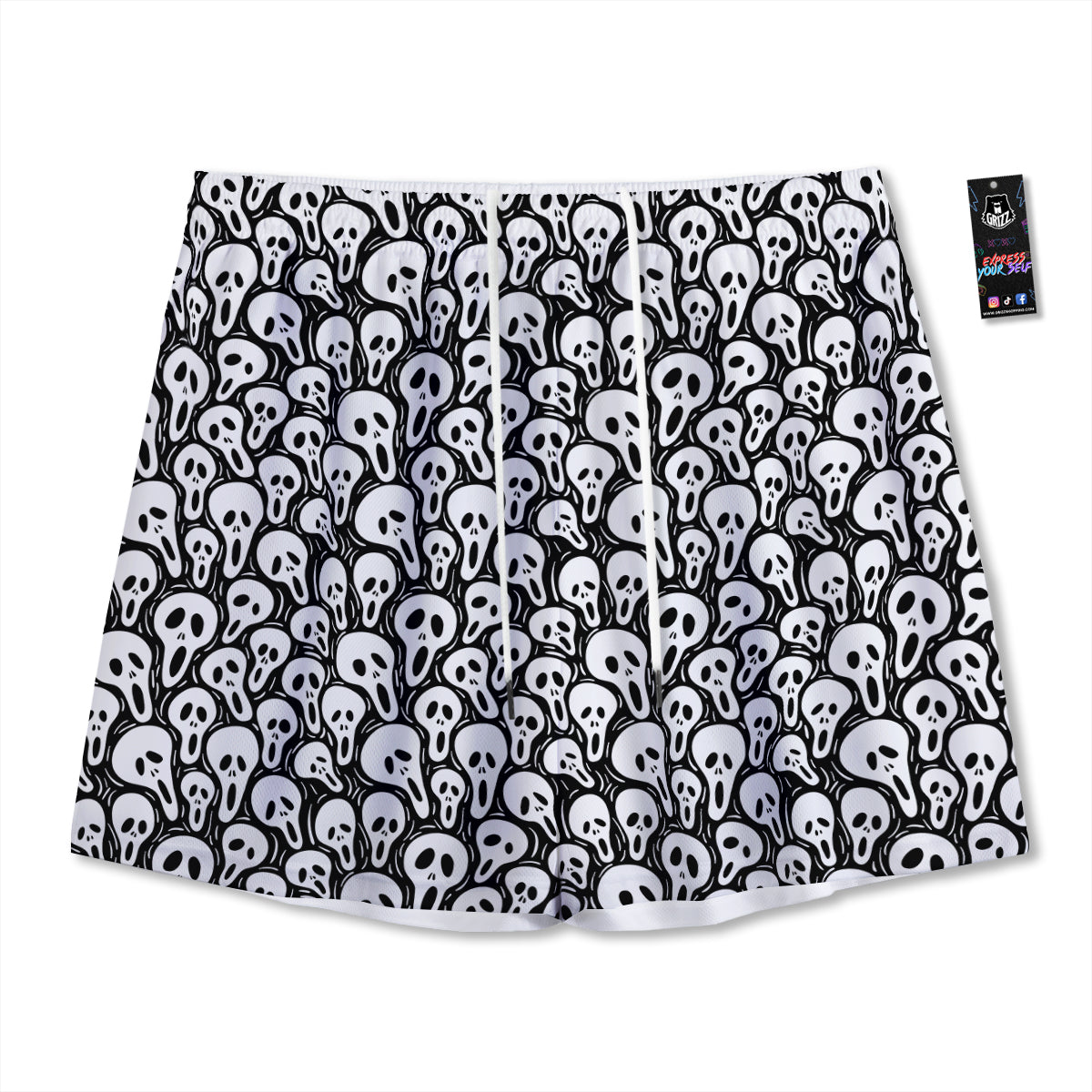 Face Scary Print Pattern Mesh Shorts-grizzshop