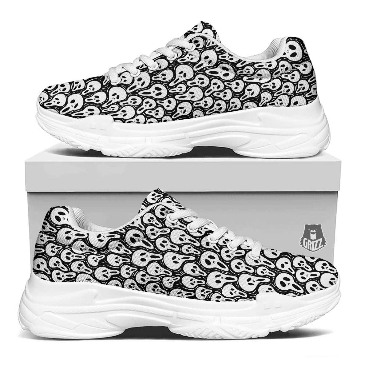 Face Scary Print Pattern White Chunky Shoes-grizzshop