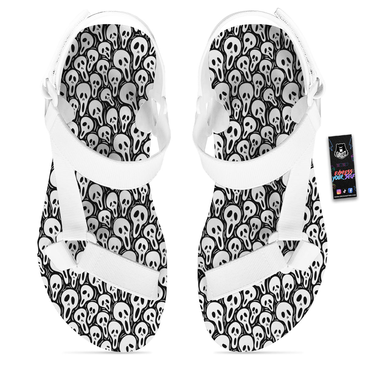 Face Scary Print Pattern White Open Toe Sandals-grizzshop