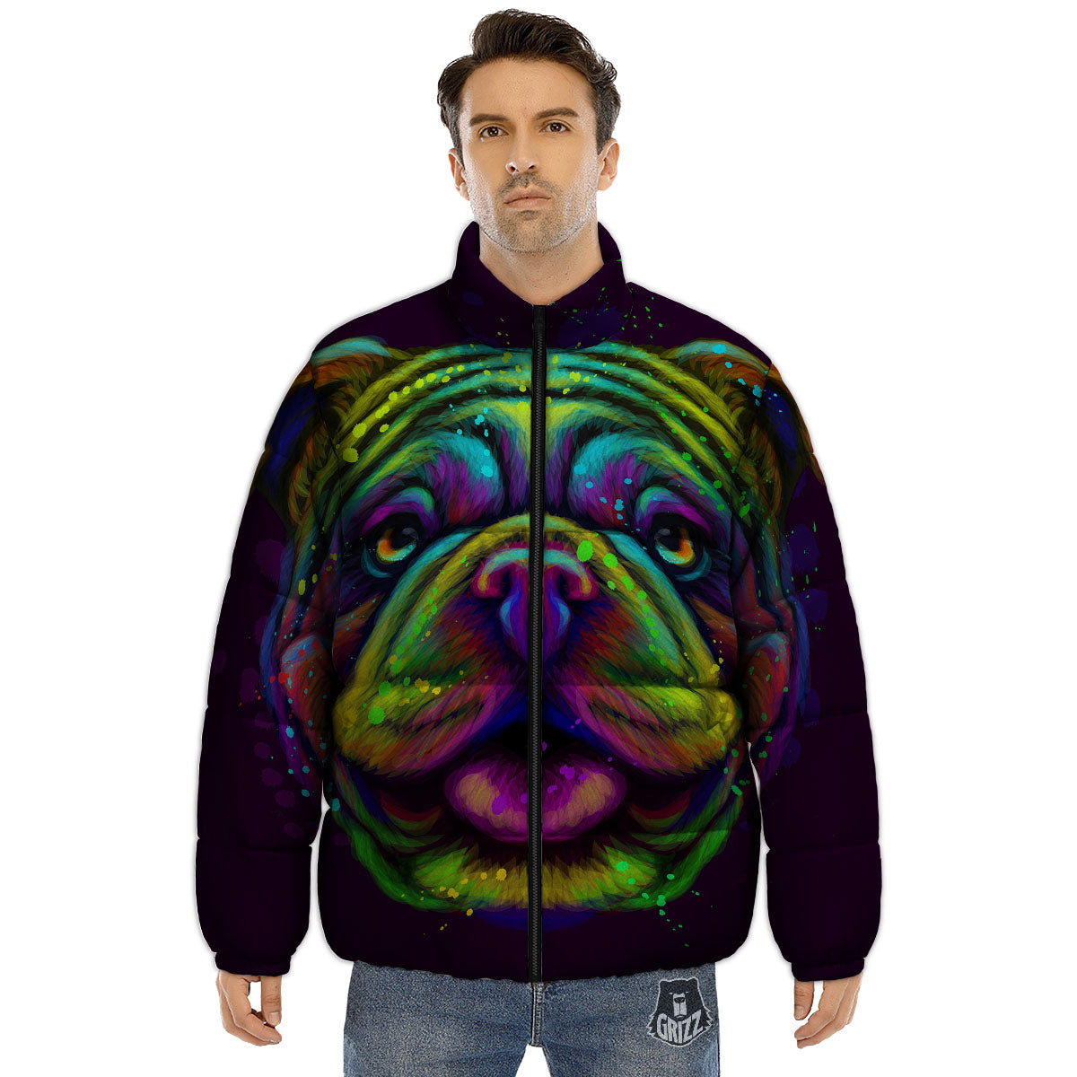 Face Shar Pei Print Puffer Jacket-grizzshop