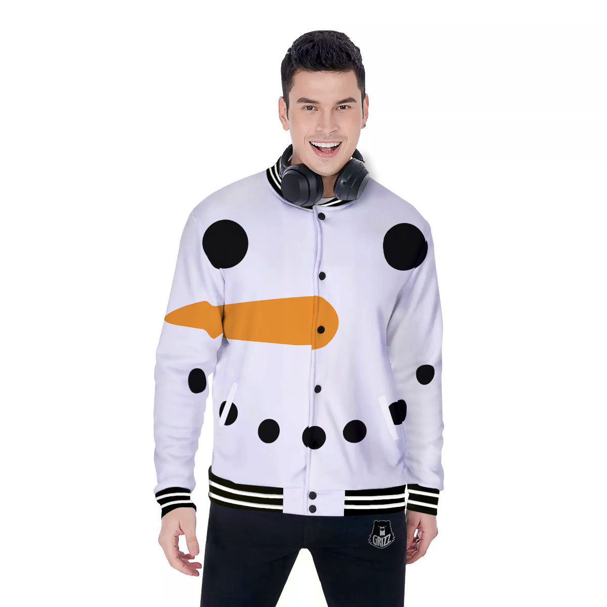 Face Snowman Print Baseball Jacket-grizzshop