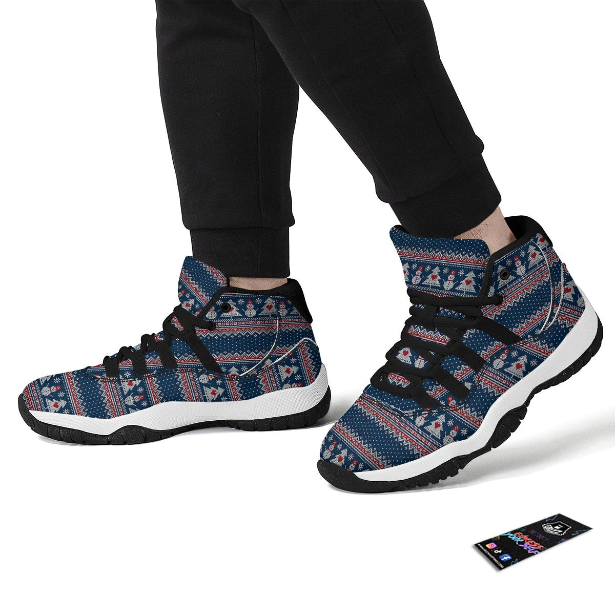 Fairisle Christmas Snowman Pattern Print Black Bball Shoes-grizzshop