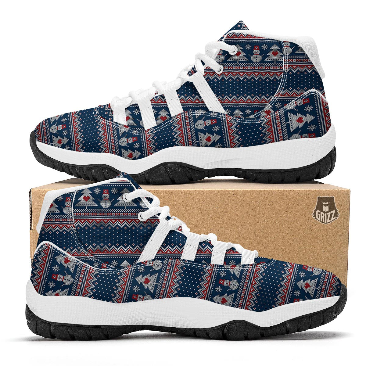 Fairisle Christmas Snowman Pattern Print White Bball Shoes-grizzshop