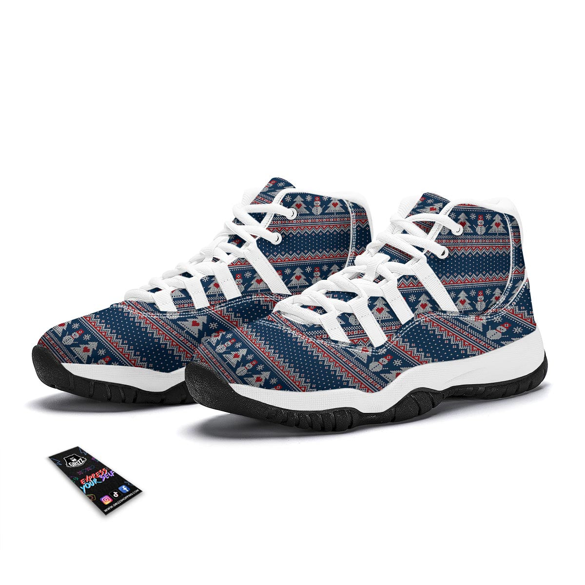 Fairisle Christmas Snowman Pattern Print White Bball Shoes-grizzshop