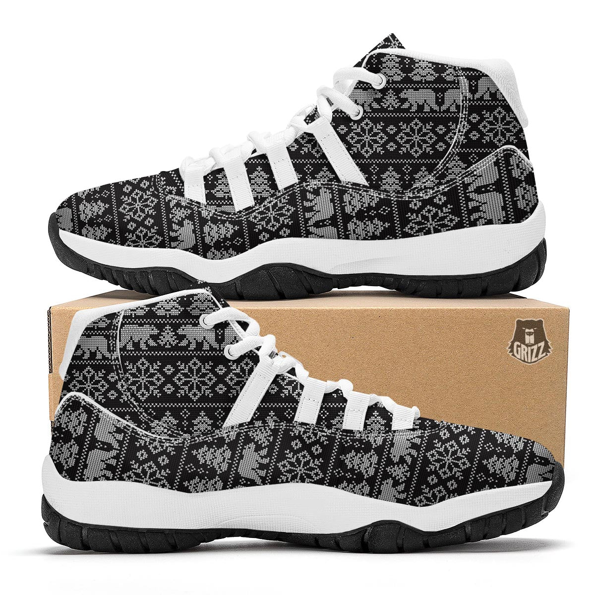 Fairisle Polar Bear Christmas Pattern Print White Bball Shoes-grizzshop