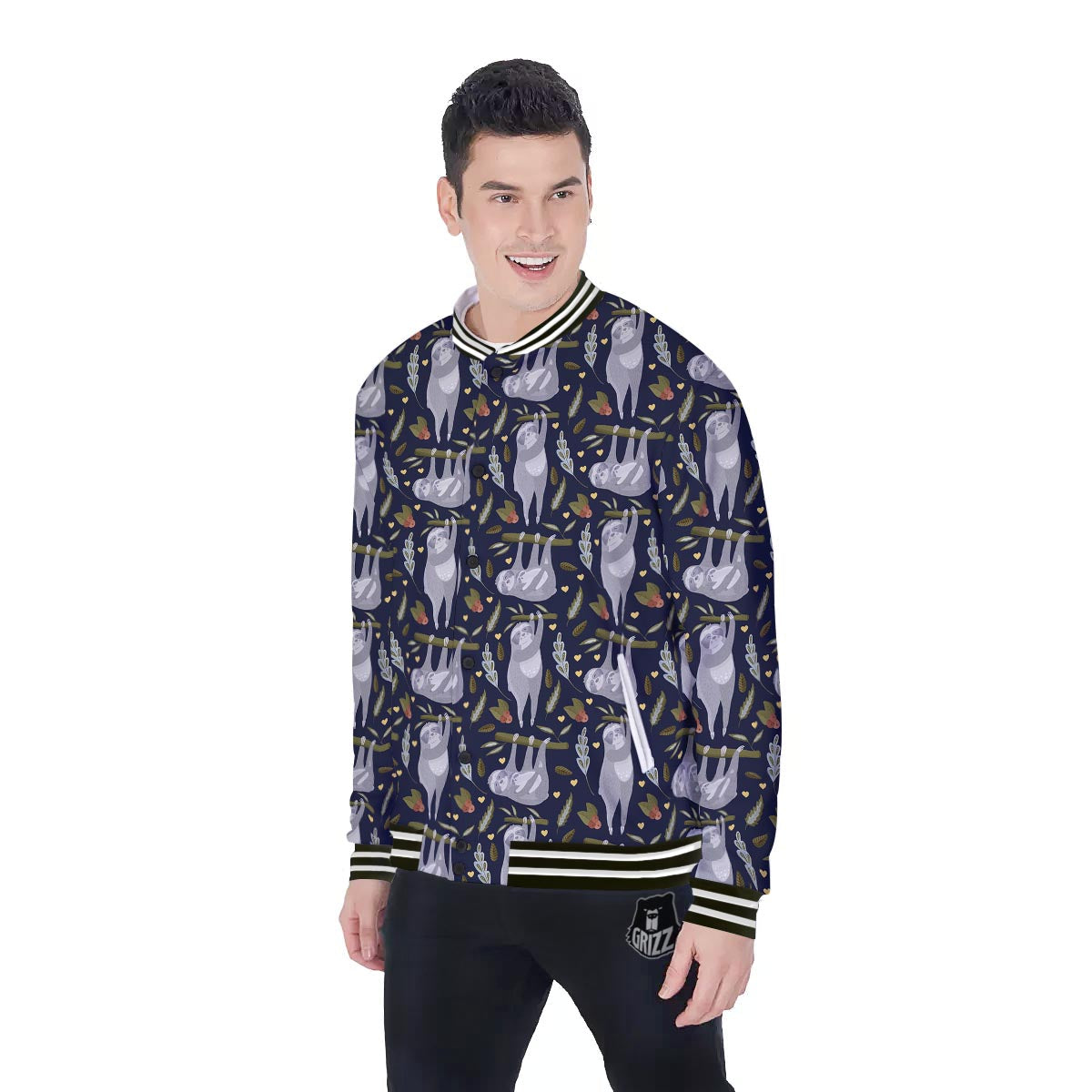 Family Sloth Print Pattern Baseball Jacket-grizzshop