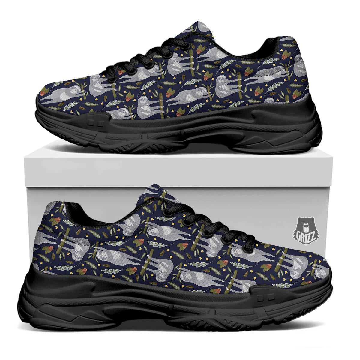 Family Sloth Print Pattern Black Chunky Shoes-grizzshop