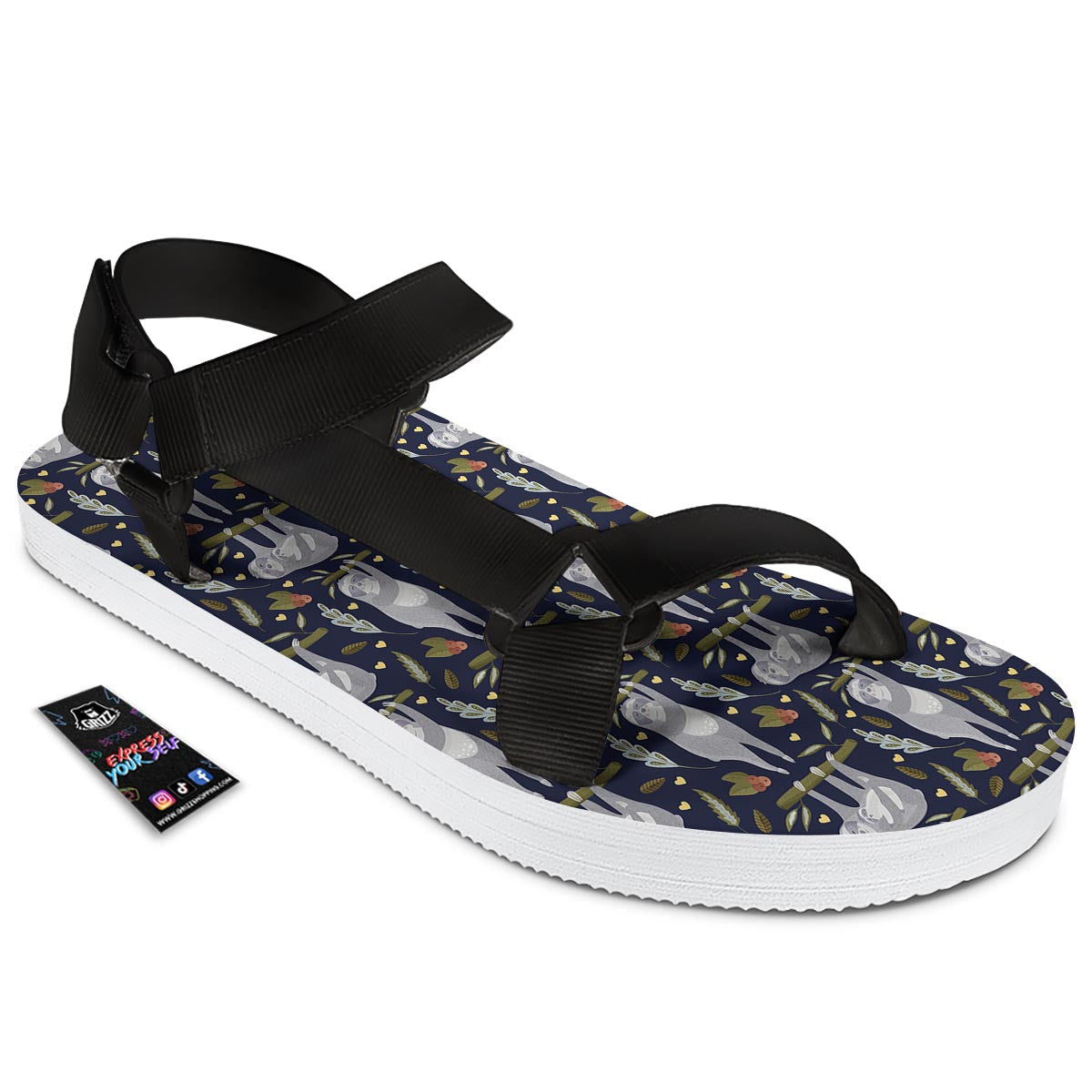 Family Sloth Print Pattern Black Open Toe Sandals-grizzshop