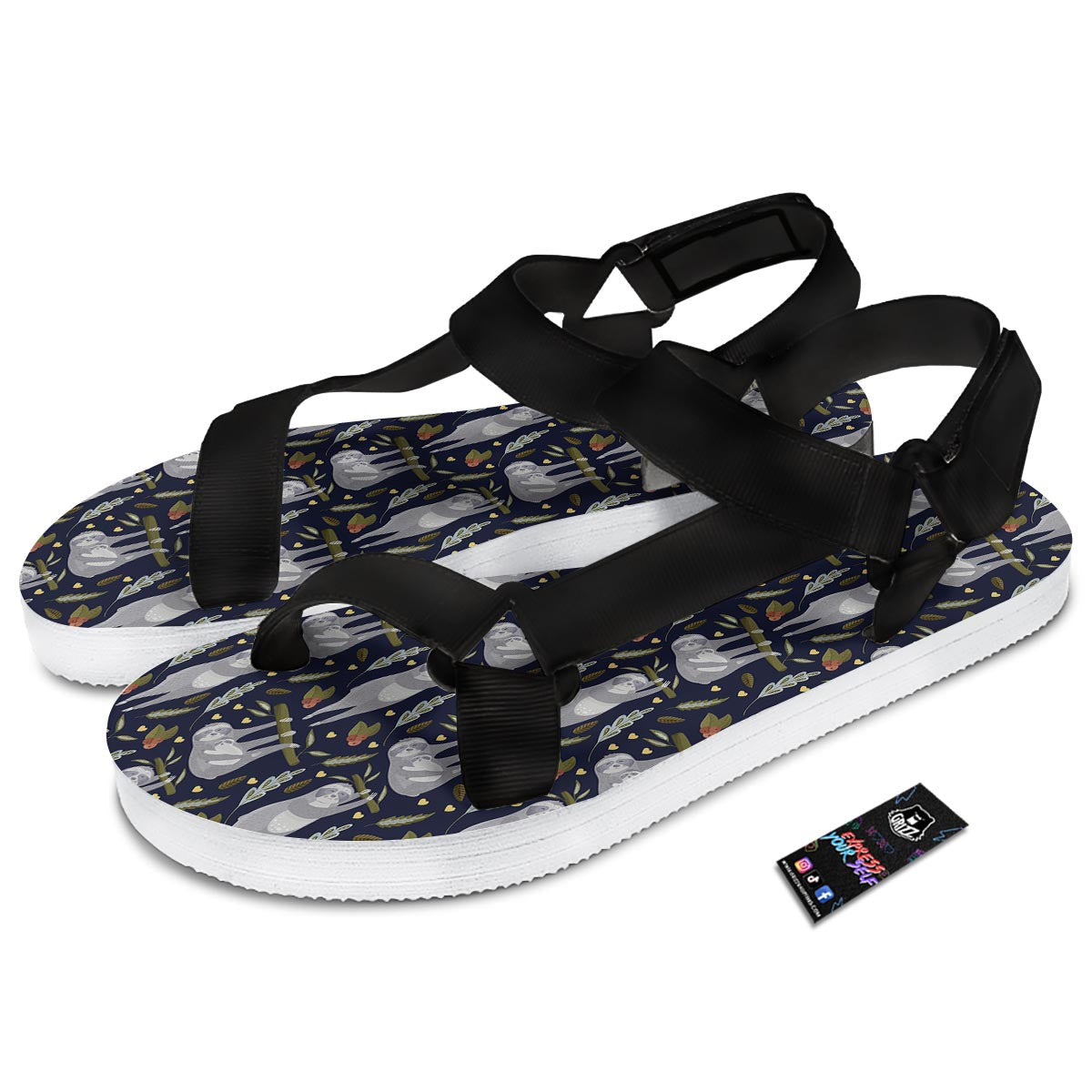 Family Sloth Print Pattern Black Open Toe Sandals-grizzshop