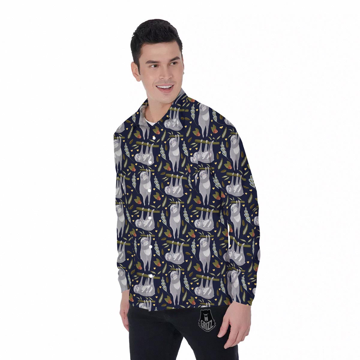 Family Sloth Print Pattern Men's Long Sleeve Shirts-grizzshop