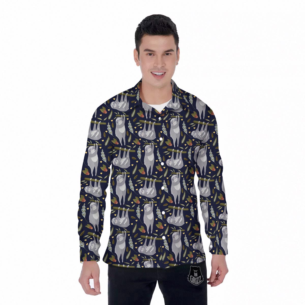 Family Sloth Print Pattern Men's Long Sleeve Shirts-grizzshop