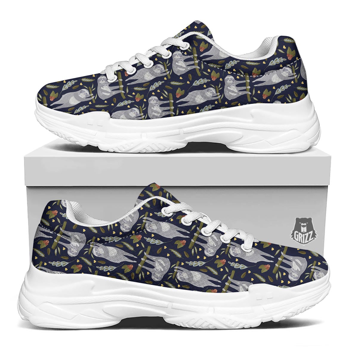 Family Sloth Print Pattern White Chunky Shoes-grizzshop