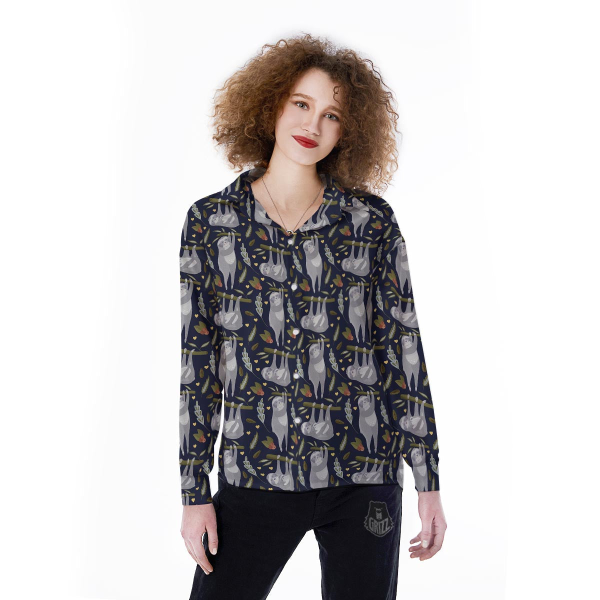 Family Sloth Print Pattern Women's Long Sleeve Shirts-grizzshop