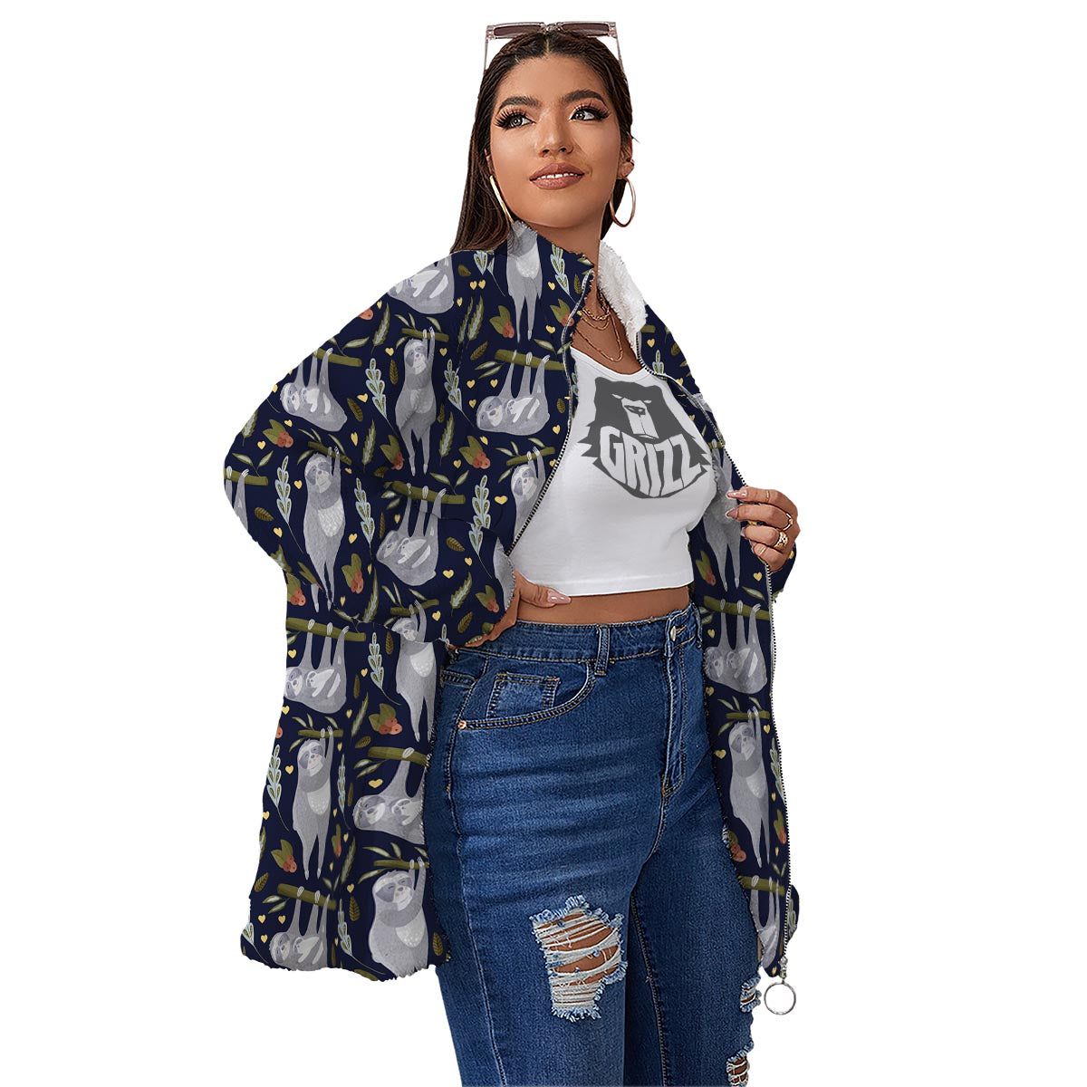 Family Sloth Print Pattern Women's Sherpa Jacket-grizzshop