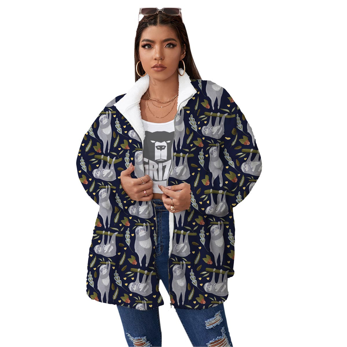 Family Sloth Print Pattern Women's Sherpa Jacket-grizzshop