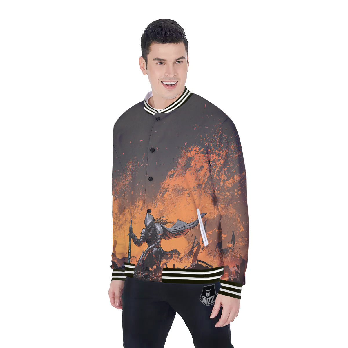Fantasy Knight On Fire Print Baseball Jacket-grizzshop