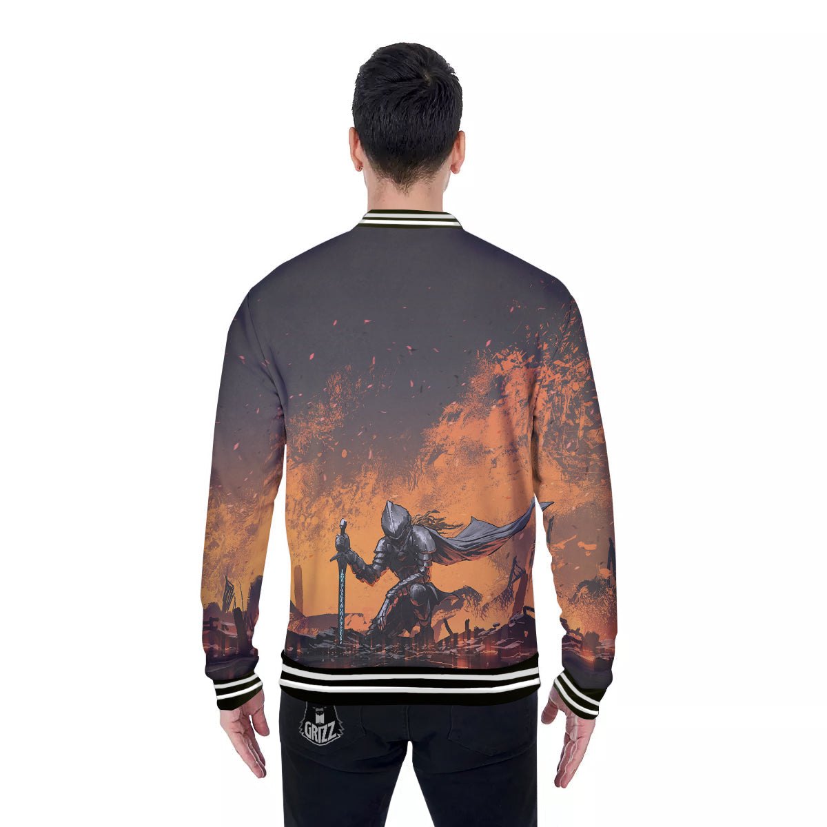 Fantasy Knight On Fire Print Baseball Jacket-grizzshop