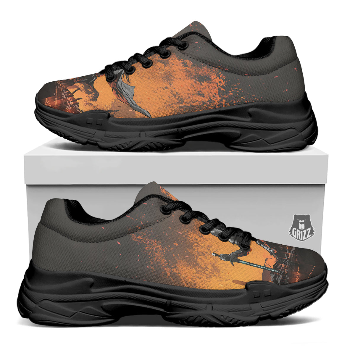 Fantasy Knight On Fire Print Black Chunky Shoes-grizzshop