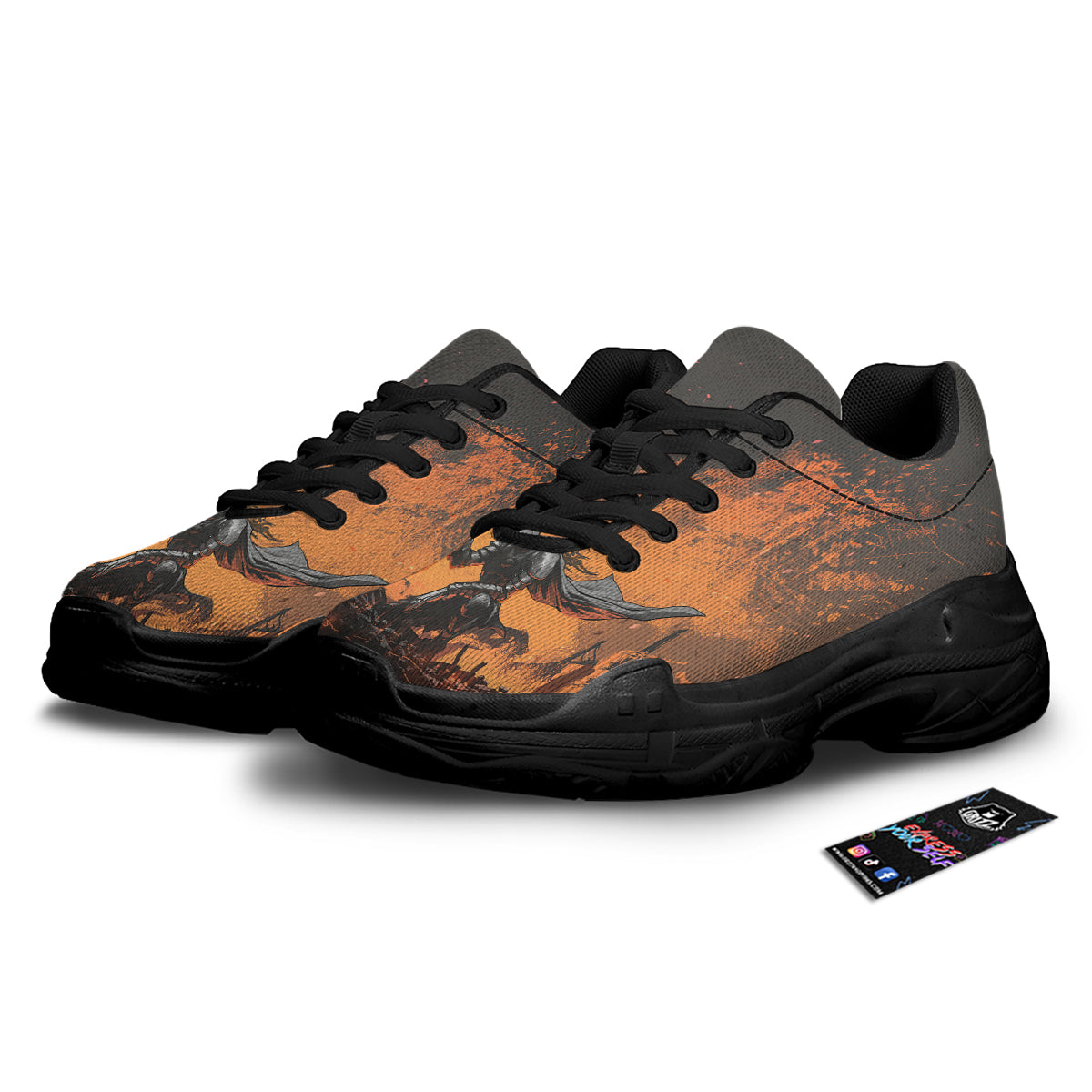 Fantasy Knight On Fire Print Black Chunky Shoes-grizzshop