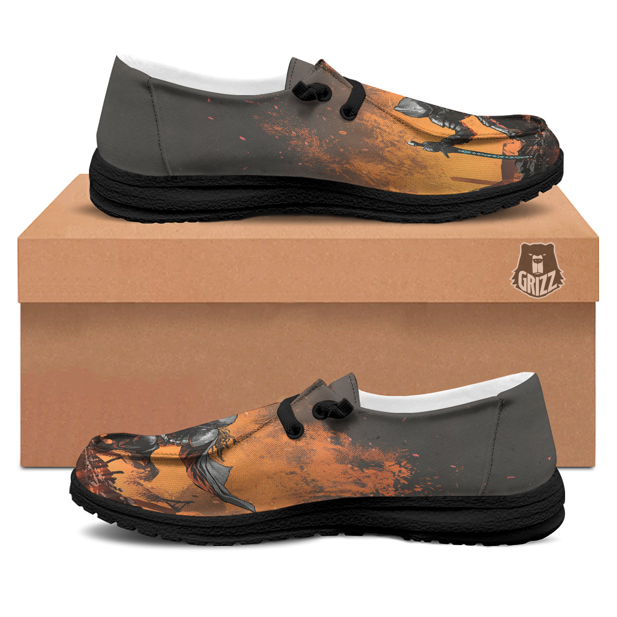 Fantasy Knight On Fire Print Black Loafers-grizzshop