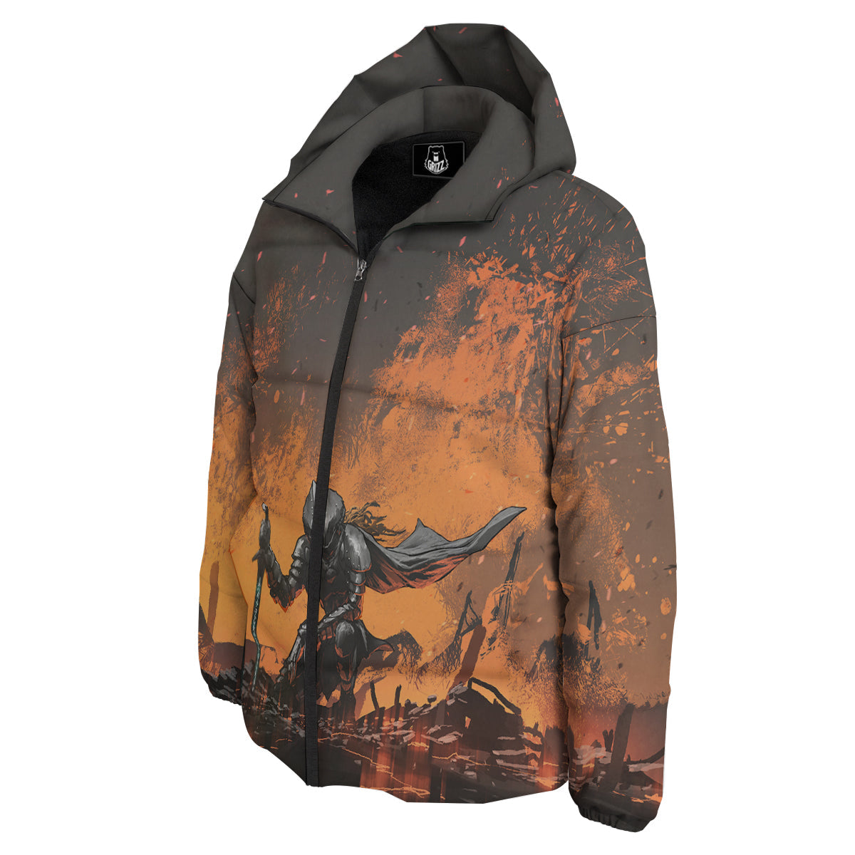 Fantasy Knight On Fire Print Down Jacket-grizzshop
