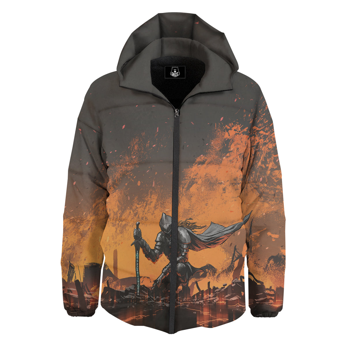 Fantasy Knight On Fire Print Down Jacket-grizzshop