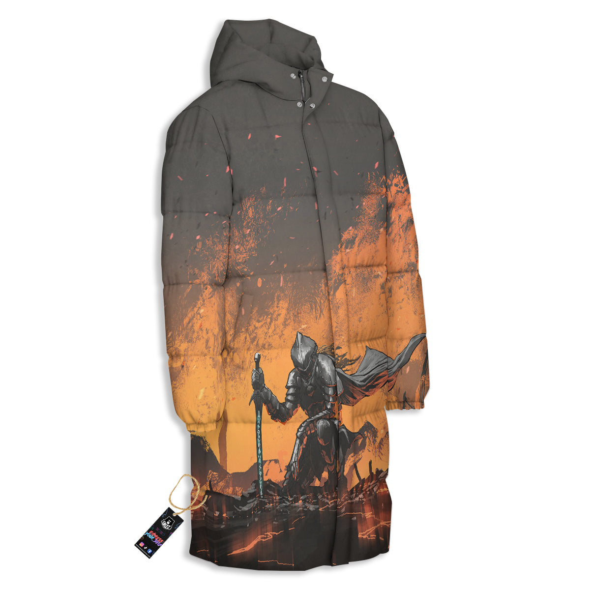 Fantasy Knight On Fire Print Long Down Jacket-grizzshop