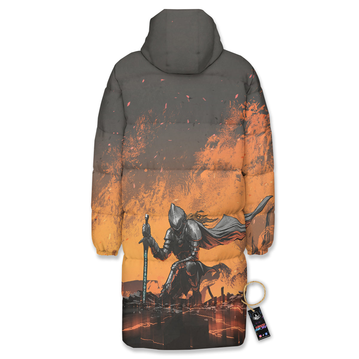 Fantasy Knight On Fire Print Long Down Jacket-grizzshop