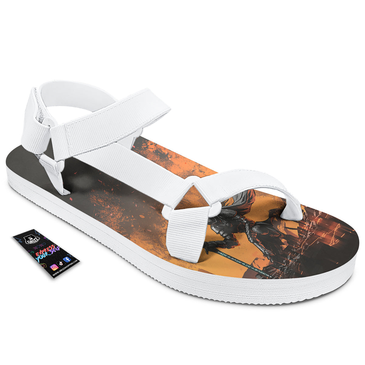 Fantasy Knight On Fire Print White Open Toe Sandals-grizzshop