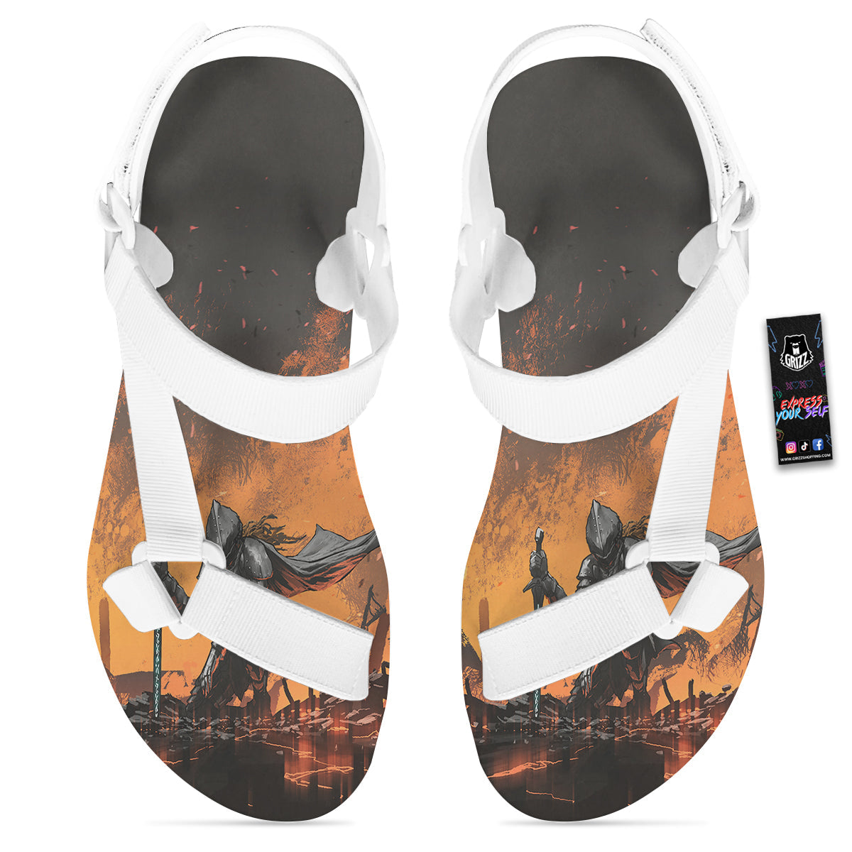 Fantasy Knight On Fire Print White Open Toe Sandals-grizzshop