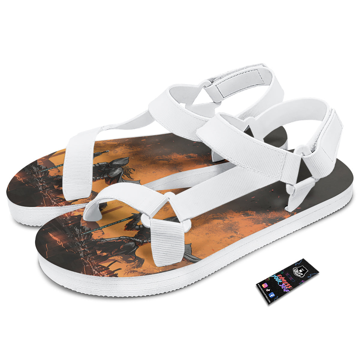 Fantasy Knight On Fire Print White Open Toe Sandals-grizzshop