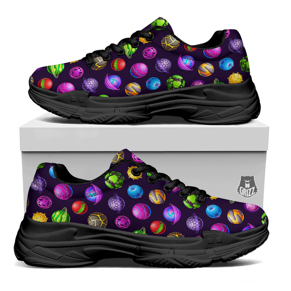 Fantasy Planets In Space Universe Print Pattern Black Chunky Shoes-grizzshop