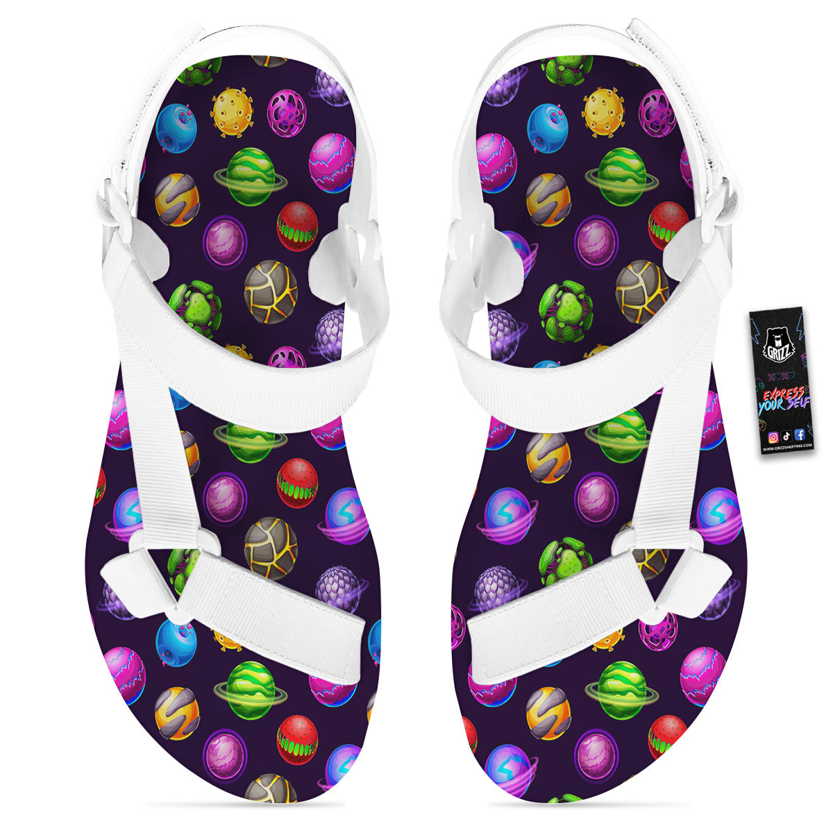 Fantasy Planets In Space Universe Print Pattern White Open Toe Sandals-grizzshop