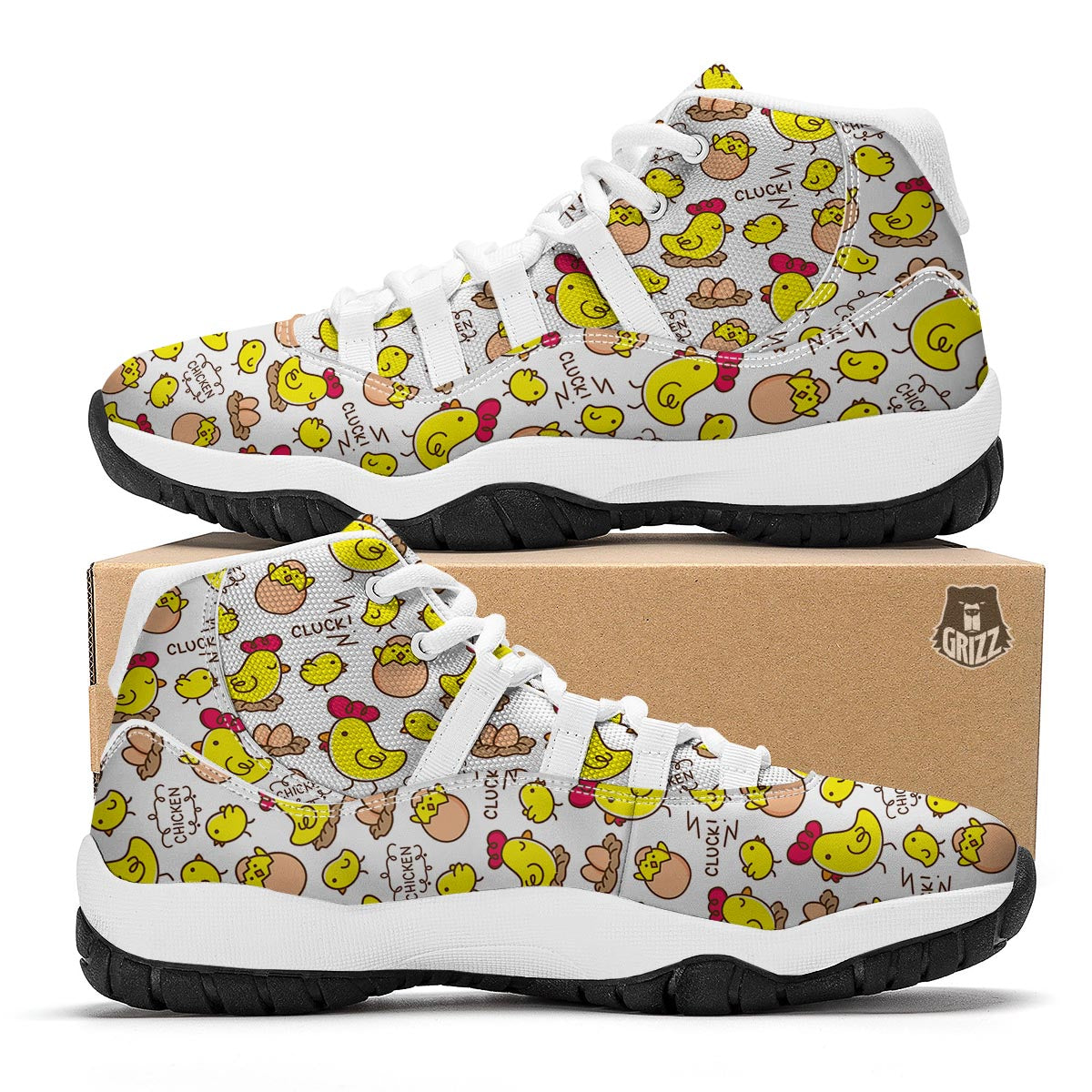 Farm Chicken Hen Chick Pattern Print White Bball Shoes-grizzshop