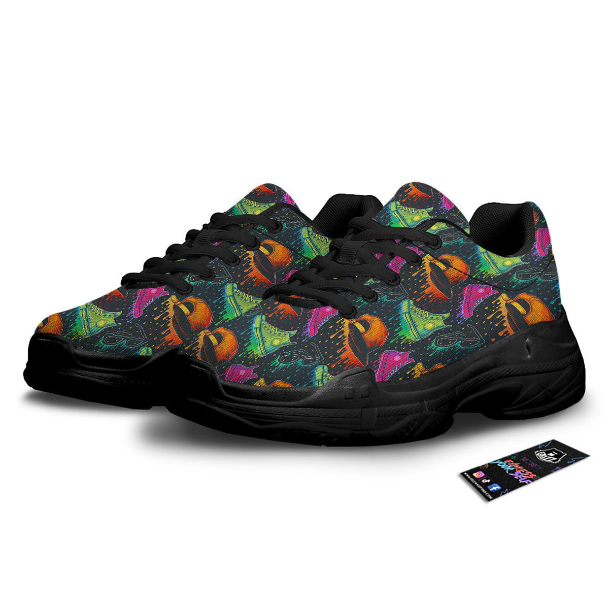 Fashion Colorful Print Pattern Black Chunky Shoes-grizzshop