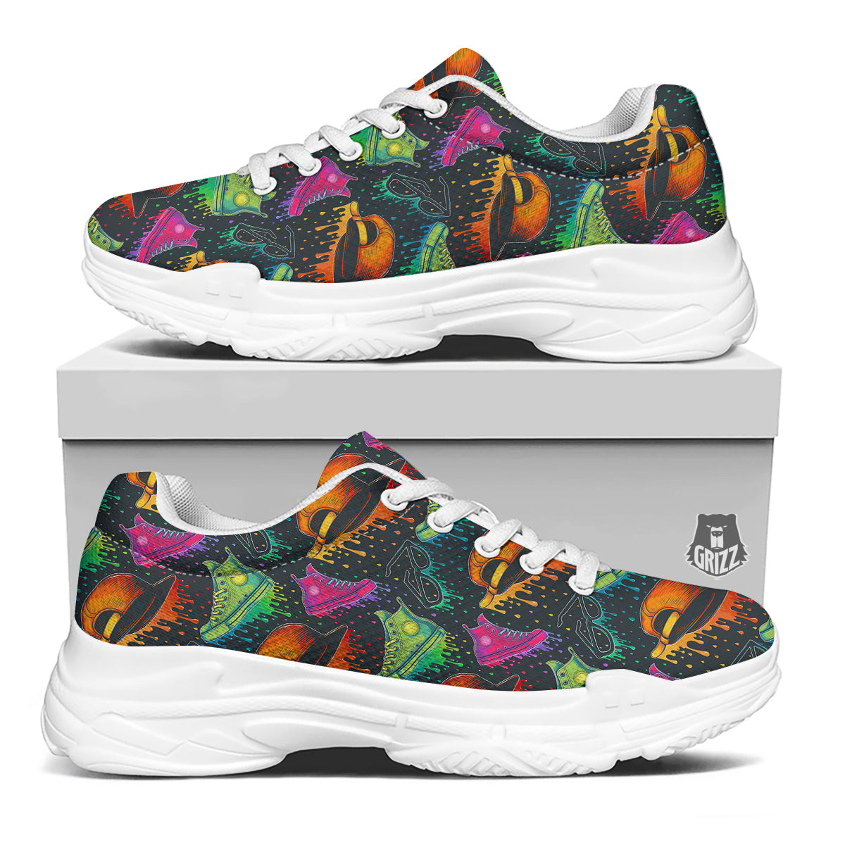 Fashion Colorful Print Pattern White Chunky Shoes-grizzshop