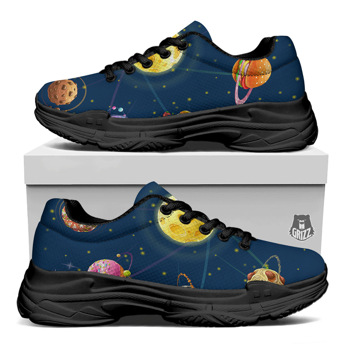 Fast Food Planets Set Print Black Chunky Shoes-grizzshop