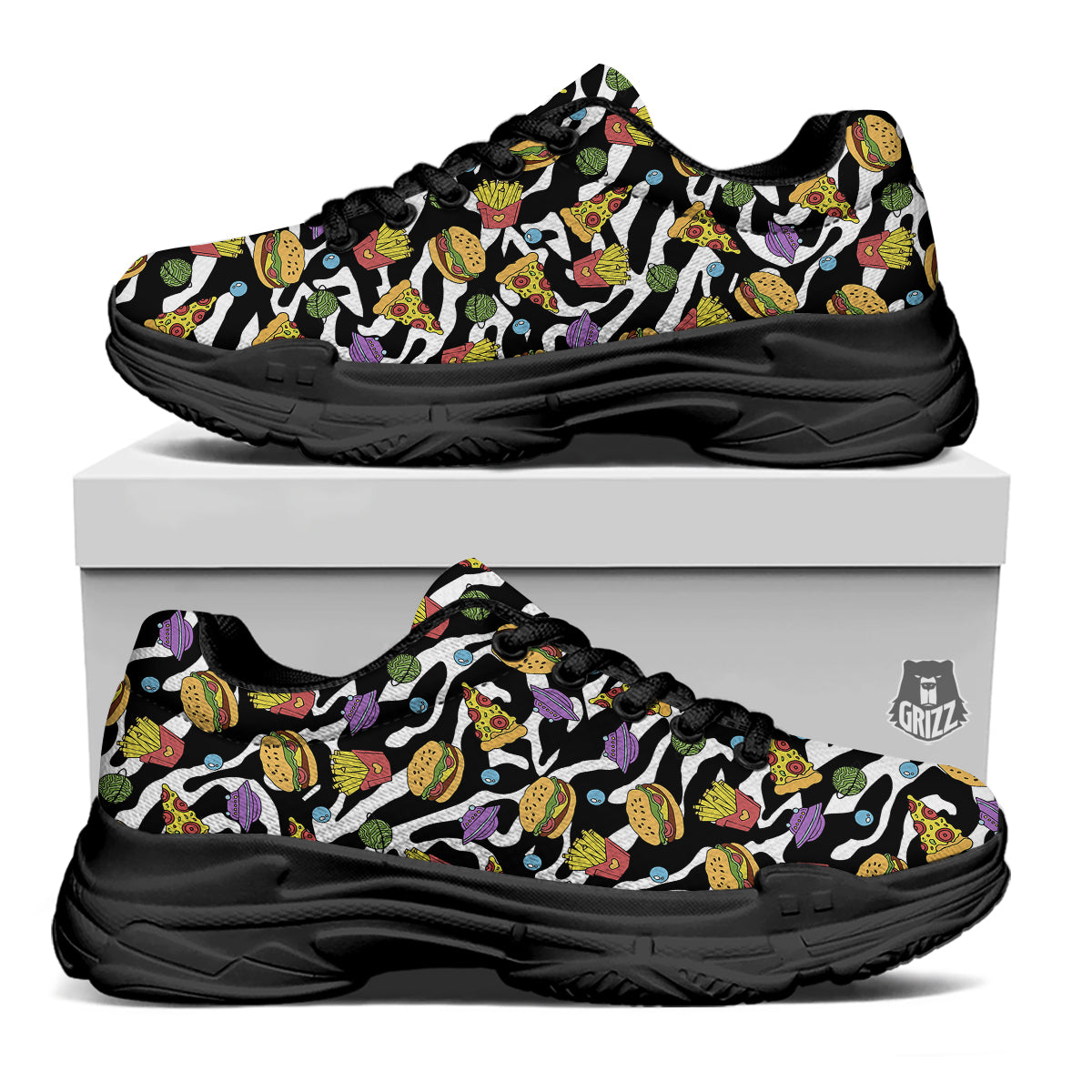 Fastfood Cute Zebra Print Pattern Black Chunky Shoes-grizzshop