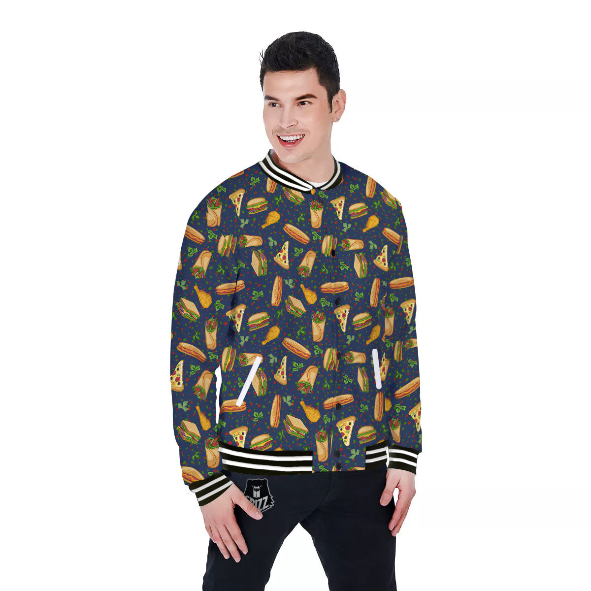 Fastfood Navy Doodle Print Pattern Baseball Jacket-grizzshop