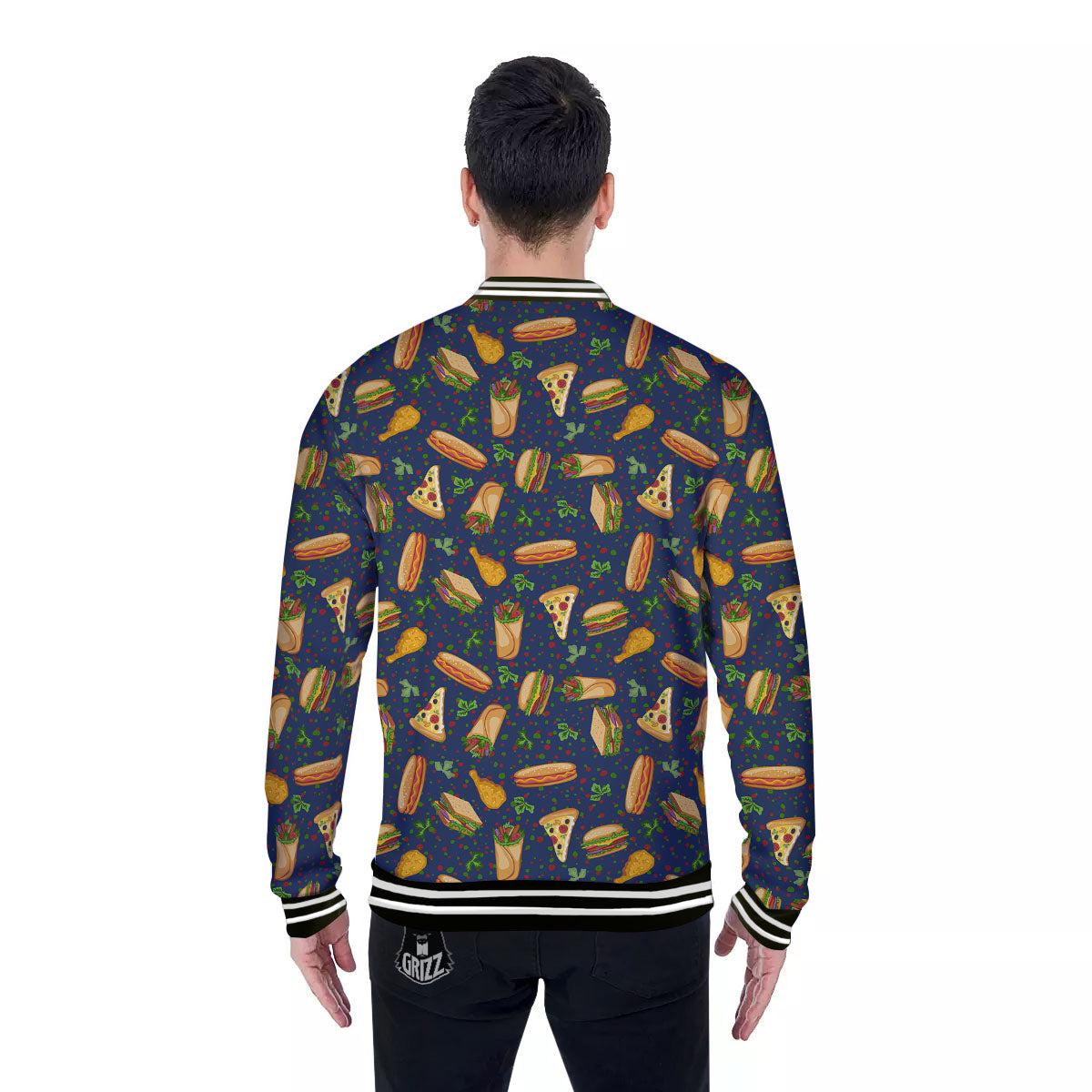Fastfood Navy Doodle Print Pattern Baseball Jacket-grizzshop