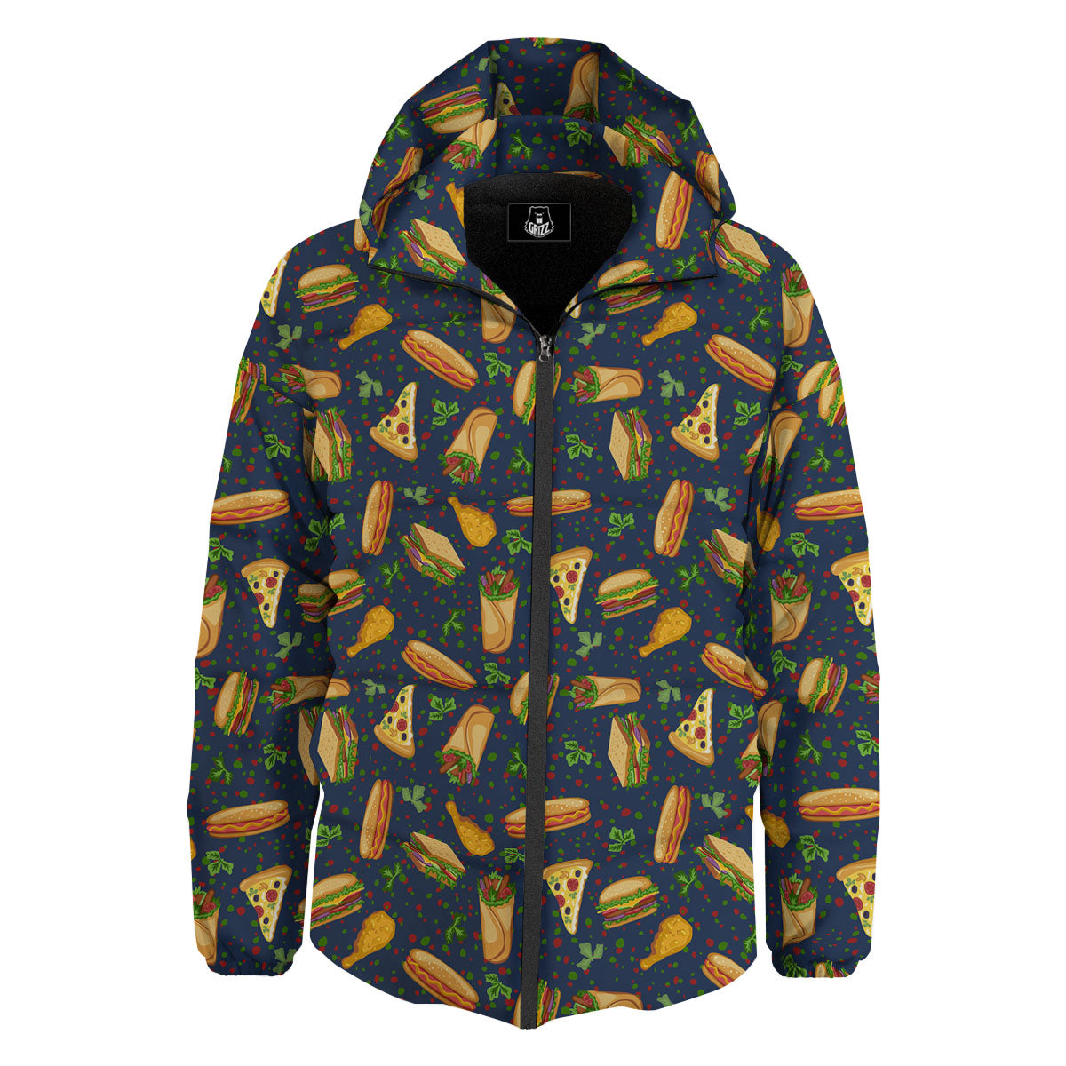 Fastfood Navy Doodle Print Pattern Down Jacket-grizzshop
