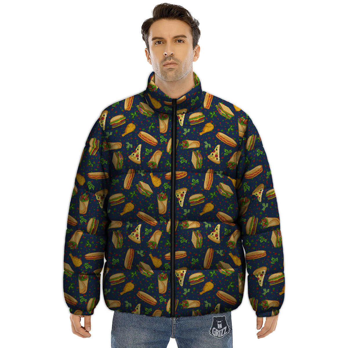 Fastfood Navy Doodle Print Pattern Puffer Jacket-grizzshop
