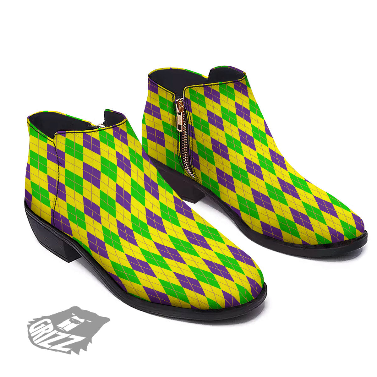Fat Tuesday Argyle Mardi Gras Print Ankle Boots-grizzshop