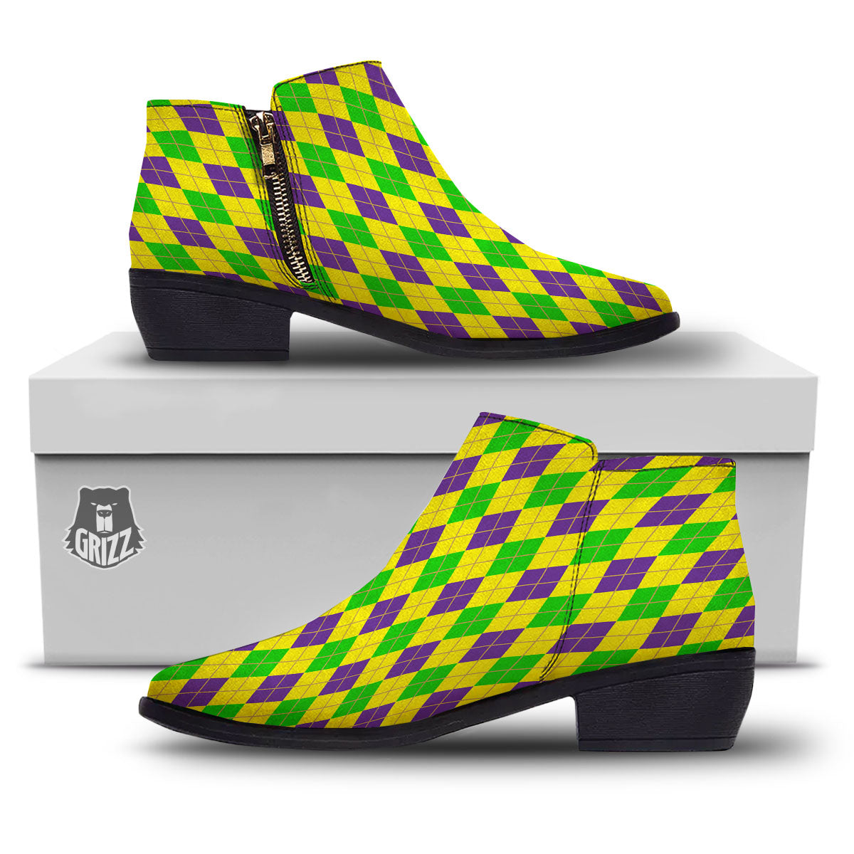 Fat Tuesday Argyle Mardi Gras Print Ankle Boots-grizzshop